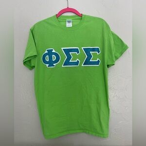 PHI SIGMA SIGMA Stitched sorority letters shirt. Green with baby blue glitter